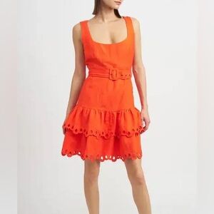 En Saison Sonnet Linen Blend Eyelet Tiered Belted Mini Dress Orange S Pockets
